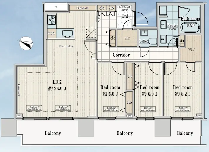 Floor plan — Futakotamagawa 8 min 37th Floor Renovated 3 Bedroom Apartment