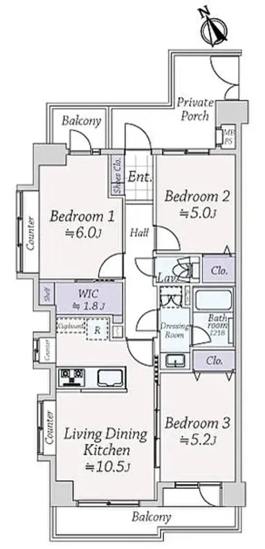 Floor plan — Hiroo 8 min Renovated 3 Bedroom Apartment