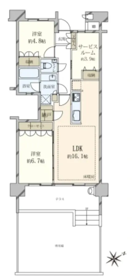 Floor plan — Futakotamagawa 9 min Private Terrace Renovated 2 Bedroom Apartment
