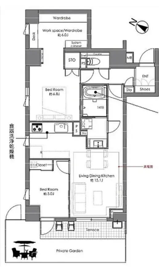 Floor plan — Futakotamagawa 3 min Private Terrace Renovated 2 Bedroom Apartment