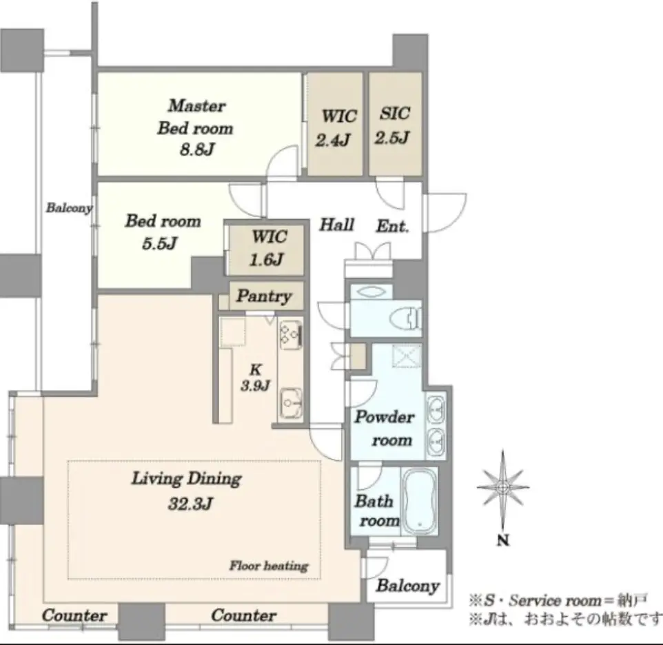 Floor plan — Takanawa Residence High Floor Tokyo Tower View Renovated 2 Bedroom Apartment