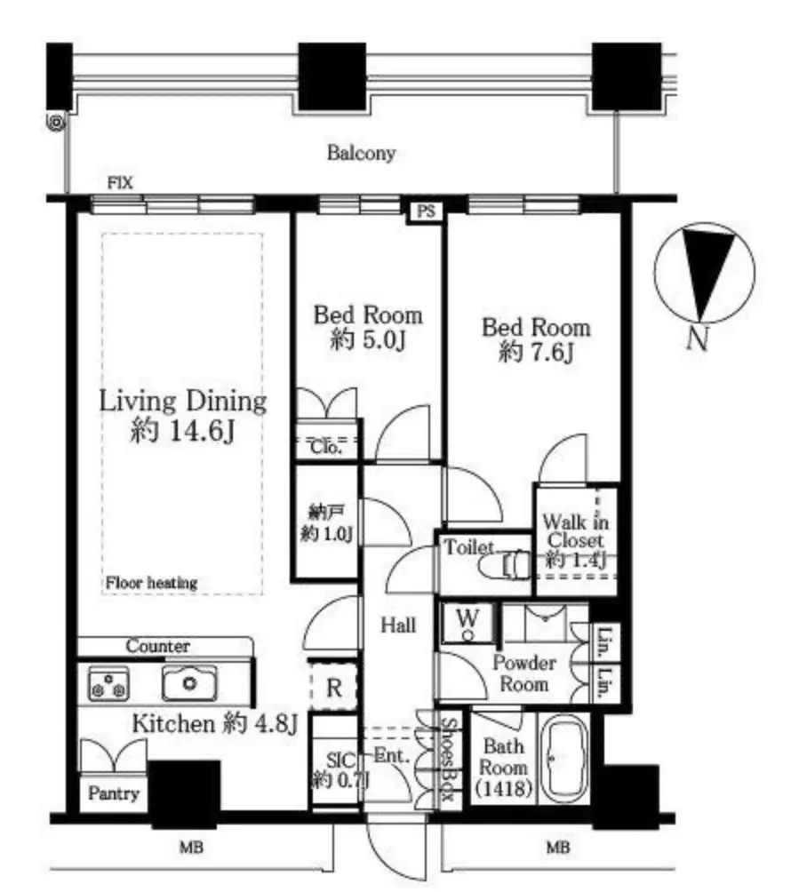 Floor plan — Shibaura Island Cape Tower South Facing Canal View 2 Bedroom Apartment